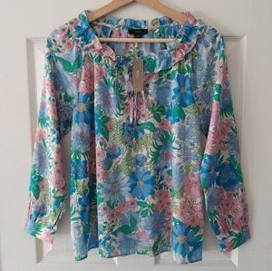 NWT J Crew Blue Fairy Floral Tie Front Ruffle Top Blouse Size XXS 2XS